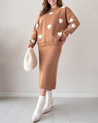 Chic Two-piece Set Hearts Knit Pullover and Hip Wrap Skirt