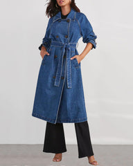 Retro Mid-length Denim Jacket Loose Fit Double-breasted Denim Jacket Windbreaker with Belt