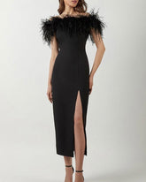 Off Shoulder Faux Fur Split Long Dress Wedding Evening Party Dress