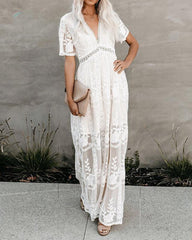 Boho Maxi Dress Embroidery White Lace Loose Holiday Beach Maxi Dress