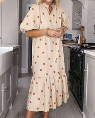Dot Printed Women Dress Elegant Loose Lantern Half Sleeve Midi Dresses