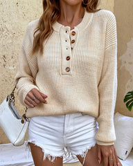 Waffle Knit Button V Neck Sweater Casual Long Sleeve Knit Pullover