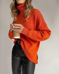 Turtleneck Loose Hem Slit Long Sleeve Knitted Pullover Sweater Tops