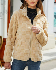 Long-sleeved Zippered Cardigan Loose Solid Color Checkered Plush Jacket