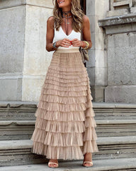 A-Line Patchwork Mesh Cake Skirt Casual Solid Color High Waist Loose Ruffled Pleated Long Tulle Skirt