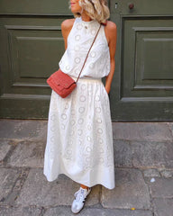 Two Piece Outfits Hollow out Embroidery Hanging Neck Top+High Waist Skirt Sets