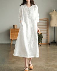 Loose Stitching Solid Color V-neck Half-sleeved Mid-length Dress