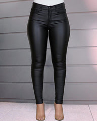 Solid Color PU Leather Casual Pencil Pants Leggings