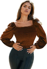 Womens Blouses Long Sleeve Crop Tops Square Neck Sexy Casual Slim Fitted Velvet Tops S-3XL - Zeagoo (Us Only)