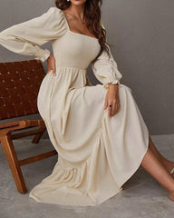 Solid Color Long Sleeve Dress Square Neck Lotus Leaf Maxi Dress