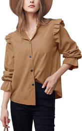 Women Corduroy Shirts Long Sleeve Button Down Shacket Jacket Ruffle Blouses Top S-XXL - Zeagoo (Us Only)