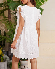 Sleeveless V Neck Lace Dresses with Pockets Loose Fit Flowy Pleated Swing Dress