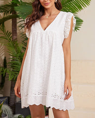 Sleeveless V Neck Lace Dresses with Pockets Loose Fit Flowy Pleated Swing Dress