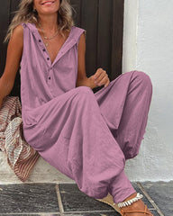Solid Color Button Hood Sleeveless Jumpsuit