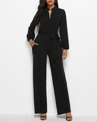 Elegant Long Sleeve Straight Long Pants Jumpsuits Clubwear Rompers with Pockets