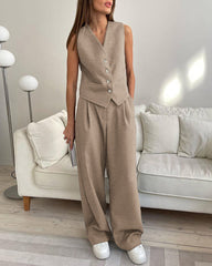 Solid ColorTwo-piece Slim Fit Sleeveless Vest Wide Leg Pants Set