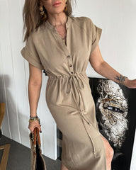 Cotton Linen Dress Round Neck Single Breasted Button Sleeves Drawstring Slit Mid Length Dress