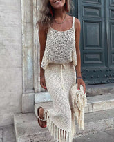 Hollow Suspenders Sleeveless Top Drawstring Tassel Hem Skirt Two-piece Set