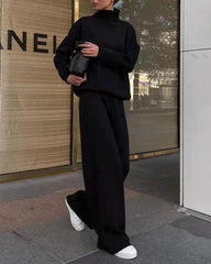 Casual Two Piece Long Sleeve Turtleneck Sweatshirt Top High Waist Wide Leg Pants Set