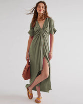V Neck Short Sleeve Button Down Blouse Dress Tie Casual Long Maxi Dresses