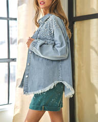 Street Ripped Denim Jacket Mid-length Distressed Jean Trucker Jackets with Pockets