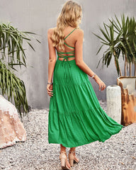Sleeveless Lace-up Backless Smocked Tiered Maxi Dress Boho Long Beach Sundresses
