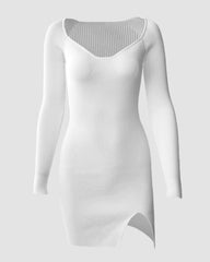 Vintage Square Neck Long Sleeve Slit Knit Dress