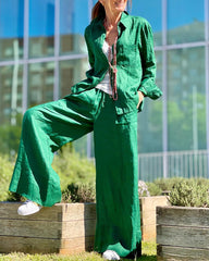 Two-Piece Casual Set Button-Up Shirt and High-Waisted Wide-Leg Pants