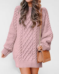 Crewneck Long Sleeve Loose Oversized Cable Knit Chunky Pullover Short Sweater Dresses