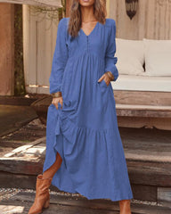 Loose Long Sleeve Dress V Neck Button Beach Sundress