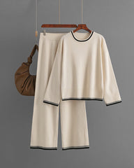 Casual Two Piece Set Contrast Color Sweater Top & Wide Leg Pants