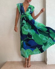 Casual Sleeveless Pleated Long Dress Loose Deep V Neck Holiday Dresses