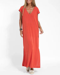 Casual V-neck Short Sleeve Loose Fit Slit Dress