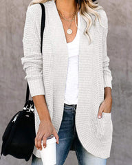 Long Sleeve Open Front Cardigans Curved Fly Pocket Sweater Outwear