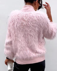 Women's Faux Fur Sweater Cardigan Knitted Turtleneck Jumper Fluffy Coat