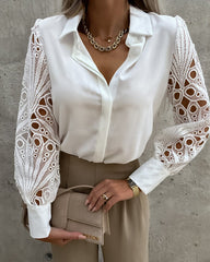 Elegant Lace V-NeckShirt Solid Color Hollow Out Long Sleeve Patchwork Blouse