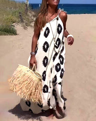 Casual Print Loose Fit Sleeveless Halter Neck Maxi Dress