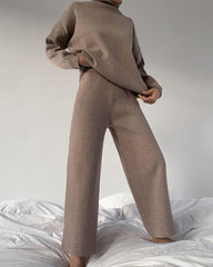 Casual Two Piece Long Sleeve Turtleneck Sweatshirt Top High Waist Wide Leg Pants Set