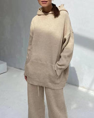 Casual Street Loose Two-piece Sweatsuit Hooded Knitted Loose Top + Wide-leg Pants