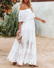 Off Shoulder Lace Maxi Dress Boho White Bridesmaid Wedding Evening Party Dresses