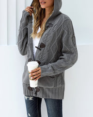 Casual Loose Fitting Fluffy Button Down Knitwear Coatigan Chunky Cable Hooded Cardigan