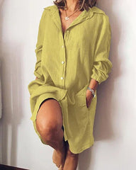 Cotton and Linen Shirt Dress Casual Loose Pocket Midi Dresses