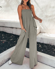 Wide Leg Jumpsuit Pocket Spaghetti Straps Plain Loose Jumpsuit