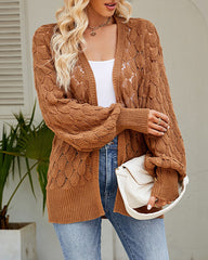 Solid Color Hollowed Out Knitted Cardigan Loose V-Neck Long Sleeved Cardigan Top