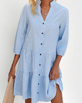 Plaid Print Shirt Dresses Button Up Split Neck Tunic Dress