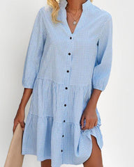 Plaid Print Shirt Dresses Button Up Split Neck Tunic Dress