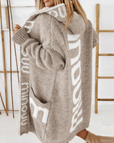 Long Elegant Stripe Cardigan Wool Long Sleeve Hooded Letter Knitted Coat