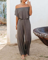 Off Shoulder Jumpsuit Wide Leg Romper Solid Color Summer Short Sleeve Casual Playsuit