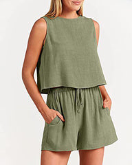 2 Piece Outfits Sets Sleeveless Crop Top Tank Shorts Sets