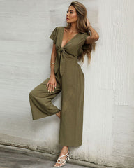 Jumpsuit Wide Leg Casual Short Sleeve Solid Color Bowknot V Neck Jumpsuit